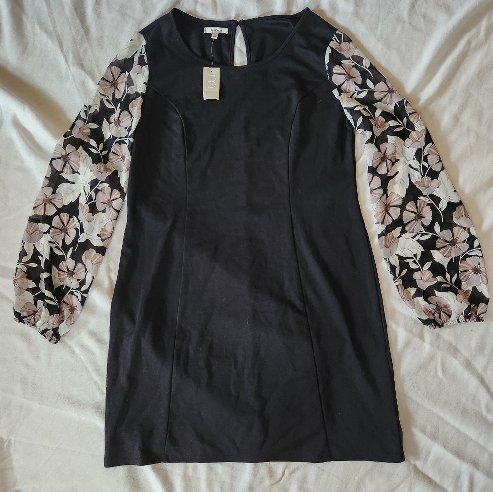 Maurices NWT Black Dress Medium Floral Chiffon Sleeve Contrast Sleeve A-Line